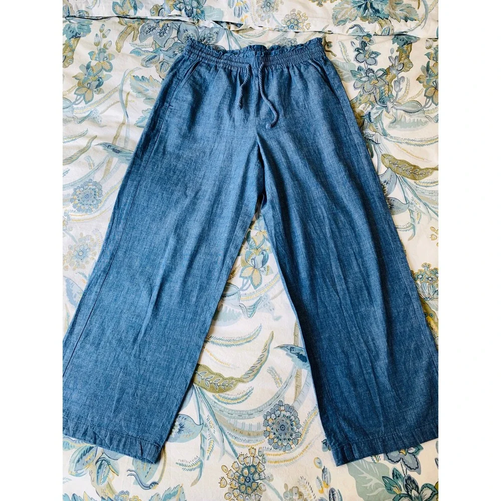 J Crew Womens Chambray Wide-Leg Drawstring Pant Med Echo Blue Wash Size 4